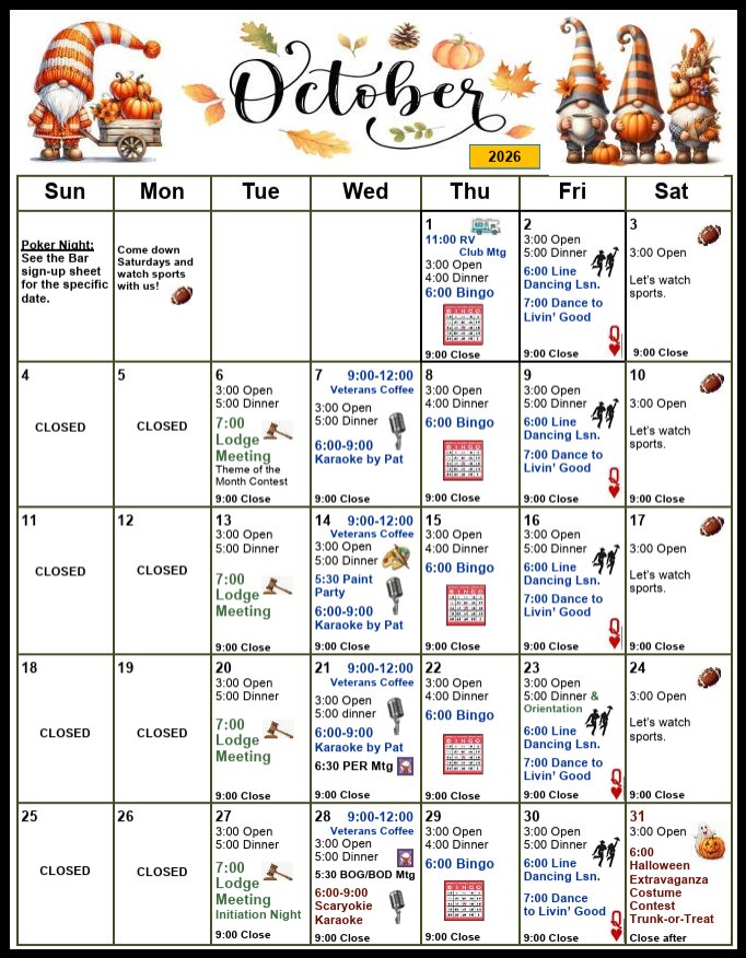 October 2026 lodge calendar